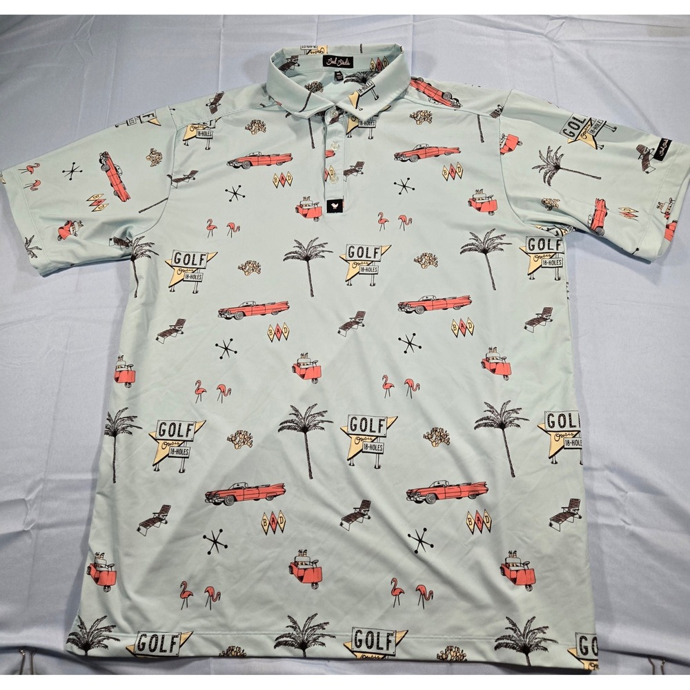 Bad Birdie Oasis Golf Polo Shirt Mens 3XL Blue Retro Palm Tree Flamingo Car